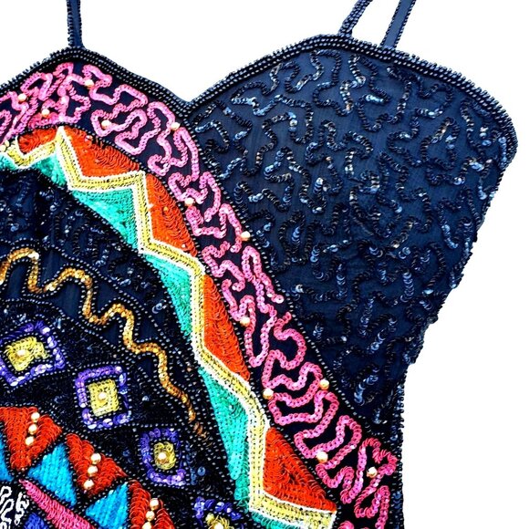 Black Beaded Dress 80s XS Together Silk Black Colorful - Picture 3 of 16